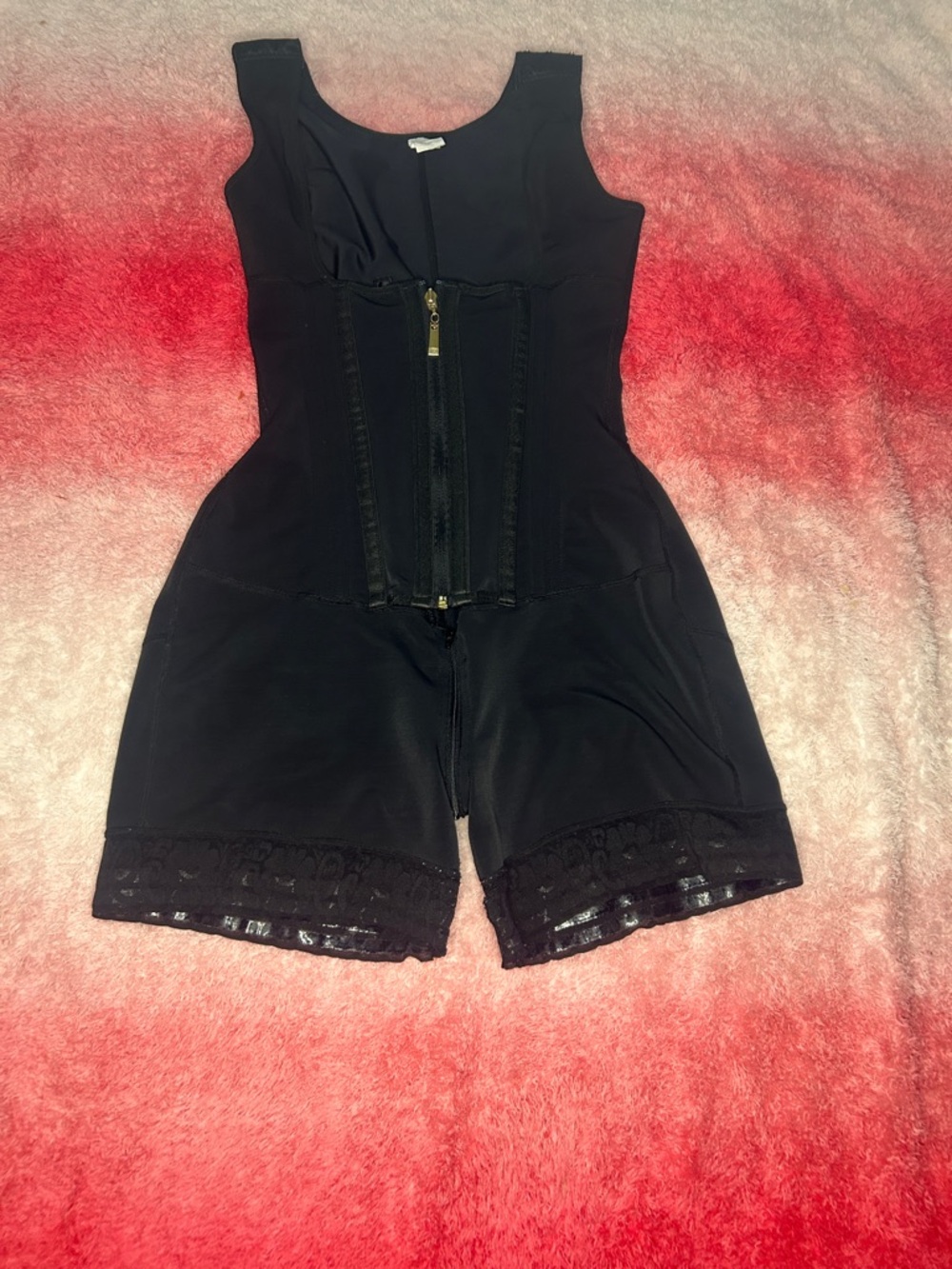 Source Unknown Black Full-Body Zip Front Shapewear with Lace Hem